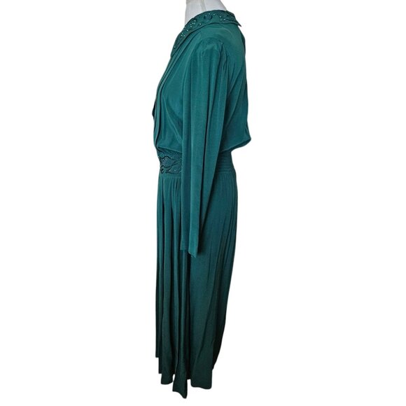 80s Womens Green Maxi Dress Pleated Collar Beaded Blouson Secretary Sz 8 Rayon - Picture 7 of 11